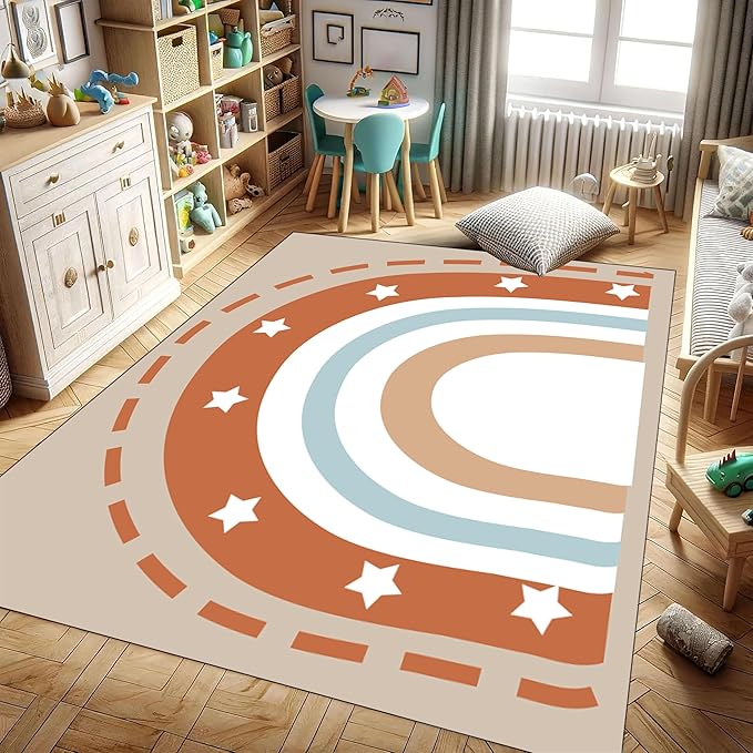 Machine Washable Rainbow Rugs Bedroom Fluffy Plush Soft Area Rugs Star Rainbow Patterns Living Room Non-Slip Indoor Flooring Kids Girls Boys Home Decor Aesthetics 3x4ft