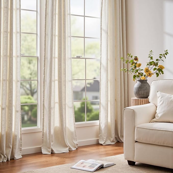 jinchan Beige Linen Blend Curtains 96 Inches Length 2 Panels for Bedroom Living Room, Floor to Ceiling 60 Inches Wide Natural Farmhouse Drapes with Rod Pocket Back Tab (60W x 96L, Ecru)
