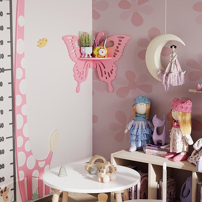 Butterfly Corner Shelf Nursery Wall Deor Floating Corner Shelf for Kid’s Room, Small Cute Decorative Shelf Wall Mounted, Pink Hanging Hollow Out Shelf for Toys, Plants and Decorations Storage, Pink