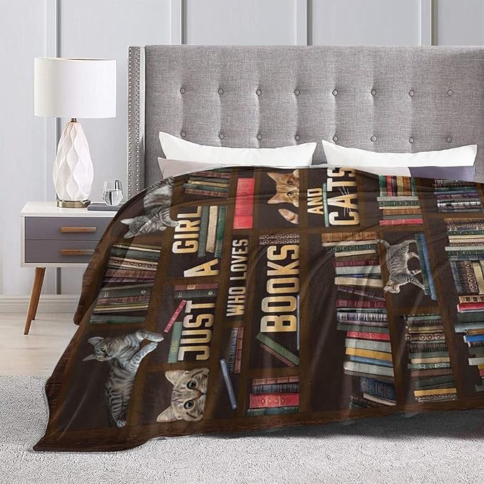 Cute Cat Blanket Just a Girl Who Loves Books and Cats Throw Blankets for Kids Teens Adults Warm Soft Lightweight Plush Funny Animal Print Fleece Flannel Throws Bedding Reading Gifts for Girls 80"x60"
