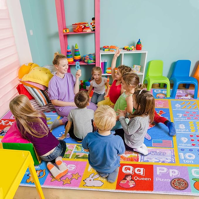Kids Rugs for Playroom - Soft & Non-Slip 3x4 Feet Educational Rug for Learning ABC Alphabet, Numbers, Shapes & Map, Washable Classroom Rug for Toddler Nursery & Kids Room Decor