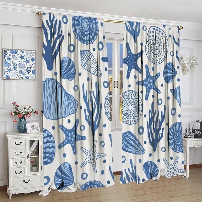 Coastal Nautical Curtains,Coral Starfish Seashell Beach Sea Starfish Seashell Theme Pattern Blackout Print Bedroom Living Room Window Treatmen 9 Panel Set 42x45 Inch