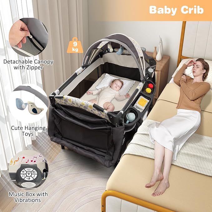 BABY JOY 4 in 1 Pack and Play, Portable Baby Playard with Bassinet & Flip-Away Changing Table, Canopy, Infant Bassinet Activity Center with Storage Basket, Oxford Bag from Newborn to Toddlers