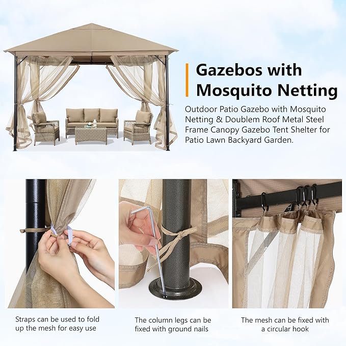ABCCANOPY Outdoor Patio Gazebo 11x11 - Single Roof Canopy with Mosquito Netting for Backyard, Deck, Garden, Lawn, Khaki
