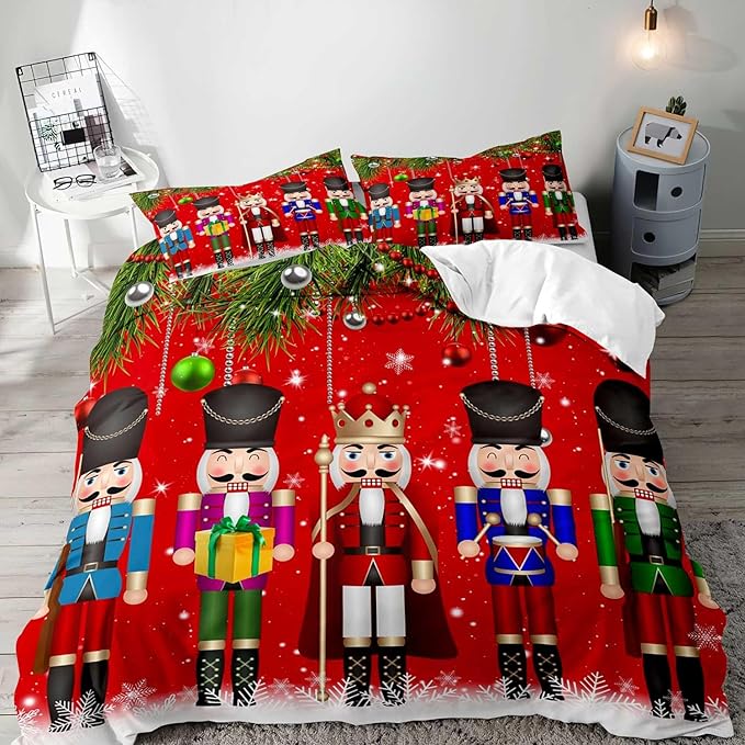 LUVIVIHOME 3PCS Christmas Nutcracker Duvet Cover King Bedding Set, Teens Boys Girls Kids Bedding, Christmas Balls Snowflake Winter Holiday Festival Xmas Gifts Red Comforter Quilt Cover, 2 Pillow Shams