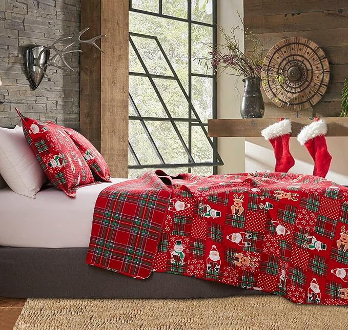 Buffalo Plaid Christmas Quilt Set - Twin Size Reversible Bed Set - Lightweight Quilt, Bedspread, Coverlet - Patchwork Bedding