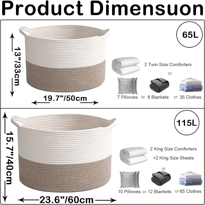 Large Blanket Basket for Organizing,65L Closet Organizers and Storage Bins Box for Shelves Woven Rope Storage Baskets,Living Room,Bedroom,Dorm,Laundry room (White&Brown)
