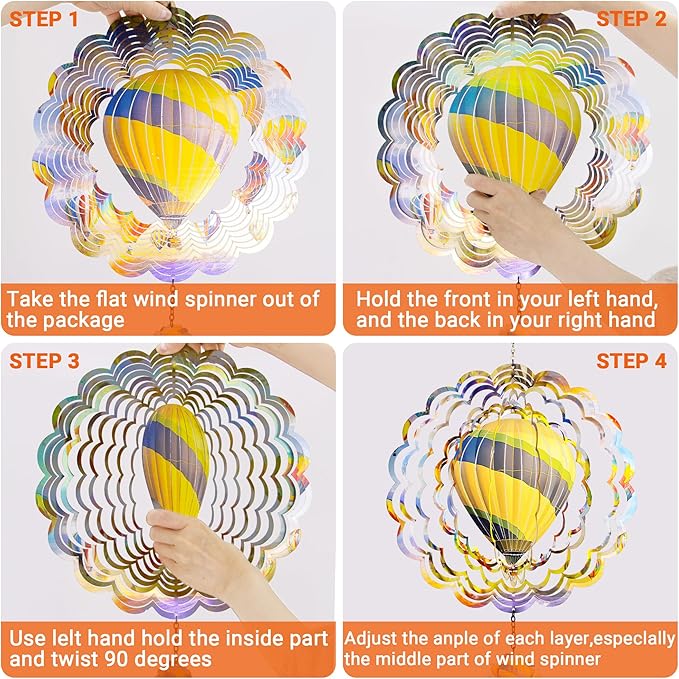 J-Fly Hanging Decor Outdoor,Outdoor Garden Decor，Wind Spinners Outdoor Colorful Hot Air Balloon Hanging Decor,Ornaments Kinetic Yard Art, for Women-Yellowish Gray Hot Air Balloon