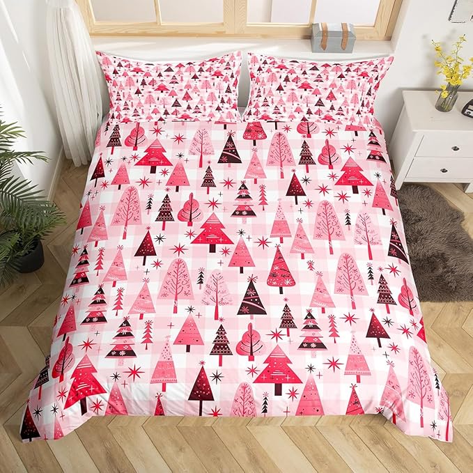 Manfei Cartoon Tree Duvet Cover Set Twin Size, Christmas Theme Bedding Set 2pcs for Kids Girls Adults, New Year Pink Plaid Comforter Cover Soft Polyester Quilt Cover with 1 Pillowcase,No Comforter