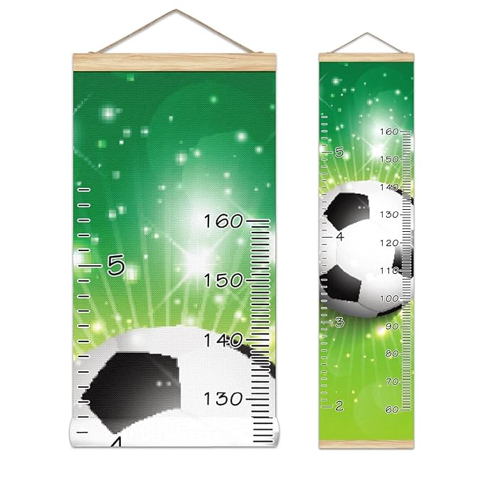 Personalized Kids Name Growth Chart Ruler for Wall Wood Frame Height Measure Chart 13.4x56 in Linen Hanging Height Growth Chart Football Soccer Kids Room Decor