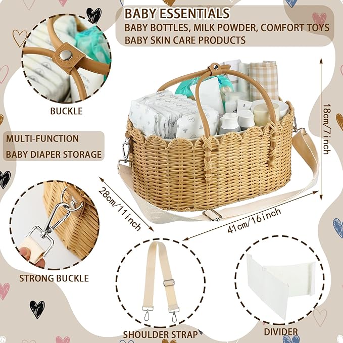 Baby Diaper Caddy Organizer Crafted Scalloped Rattan Basket with Shoulder Strap and Removable Divider Diaper Caddy Basket for Baby Shower Gifts Newborn
