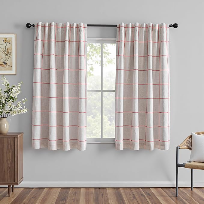 MYSKY HOME 100% Blackout Plaid Linen Farmhouse Curtains 63 Inches Long for Girls Bedroom Double Layer Thermal Insulated Striped Print Drapes with Rod Pocket Back Tab, 2 Panels, 52 x 63 Inch, Pink