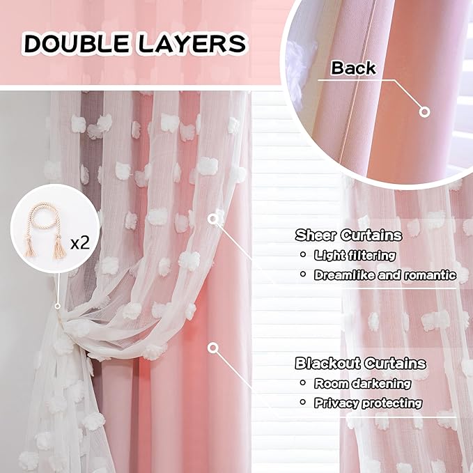 MYSKY HOME Light Blocking Pink Curtains White Sheer Pom Pom Kids Room Decor Drapes for Living Room 95 Inches Long Double Layer Curtains for Sliding Door Grommet Window Panels Set of 2 52" x 95"