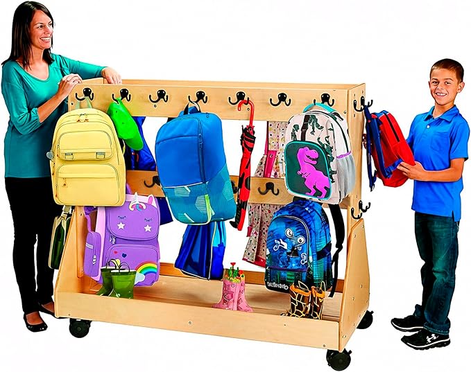 evamarie Rolling Backpack cart and Classroom Cubbies for Daycare - Kids Cubbies Storage with Coat Hooks and Wheels - Wooden Toy Organizers and Storage