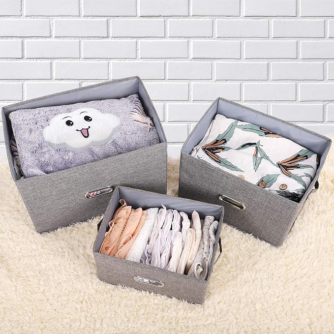 Linen Fabric Collapsible Storage Bins with Removable Lids and Handles, Washable Storage Box Containers Baskets Cube with Cover for Bedroom,Closet,Office,Living Room,Nursery (Coffee, Small)