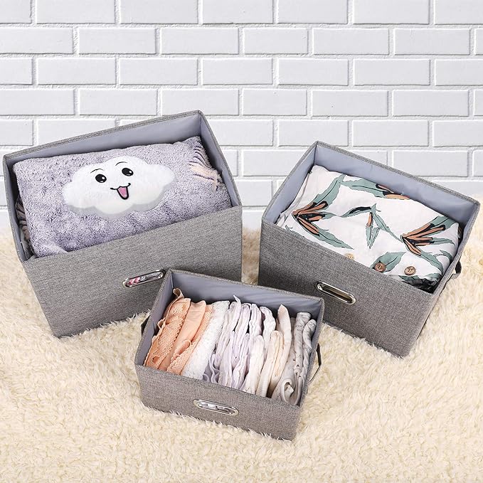 Large Linen Fabric Foldable Storage Bins with Removable Lid and Handles, Washable Storage Box Organizer Containers Baskets Cube with Cover for Bedroom,Office(Black, Small)