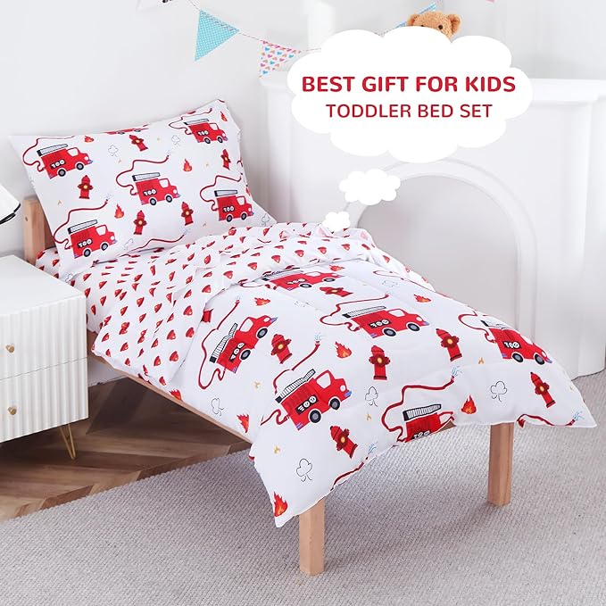 Viviland Fire Truck Toddler Comforter Sets, Cute Boys Girls Toddler Bedding Set, Soft Microfiber Fire Engine Toddler Bed Set