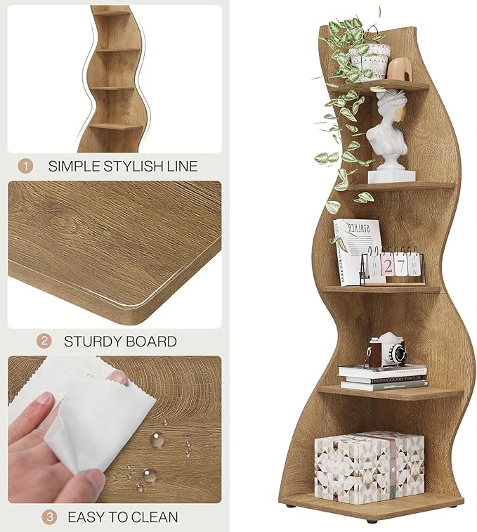 Tribesigns Corner Shelf, Modern 5-Tier Wall Corner Bookshelf, Stylish Corner Small Bookcase Storage Rack Plant Stand with Unique Shape for Living Room, Home Office (Light Brown, 1PC)
