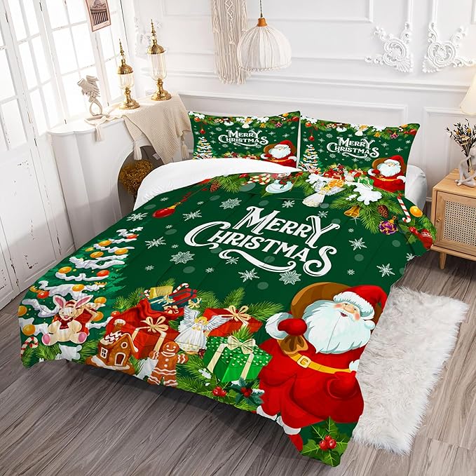 Comforter Set Green Christmas: King Size Merry Xmas Santa Claus Bedding Sets Christmas Tree Snowflakes Quilts for Adults Women Men New Year Decor Bed Set 1 Comforter & 2 Pillowcases
