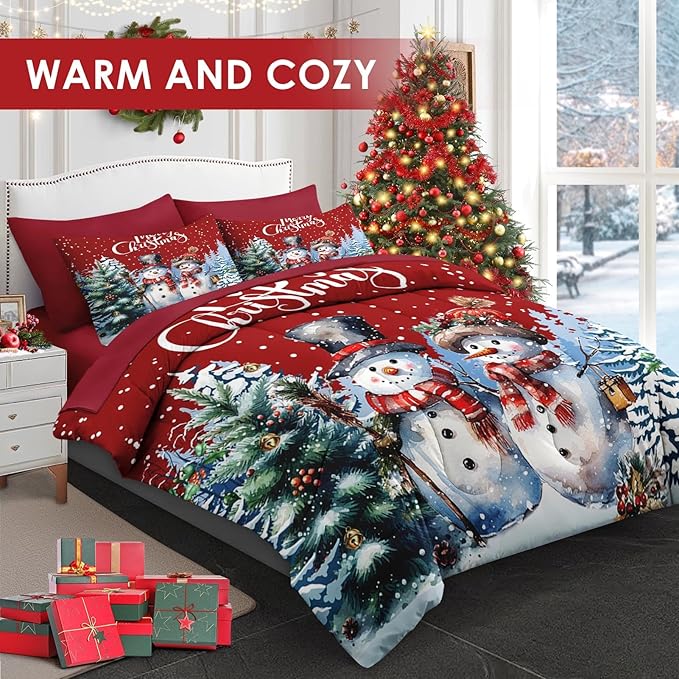 7 Pcs Queen Size Christmas Comforter Set with 2 Pillowcases & 2 Shams, Winter Wonderland Bedding for Kids and Adults, Happy Snowman Bed in a Bag with Flat Fitted Sheet