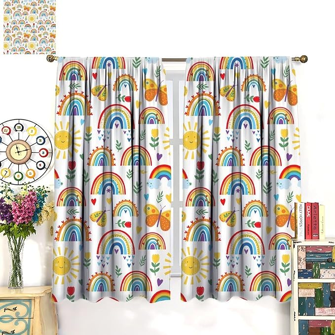 Boho Rainbow Curtains for Kids Nursery Colorful Floral Sun Star Clouds Pastel Bohemian Pattern Print Window Drapes for Girl Bedroom Living Room Kitchen Decor,2 Panel Set,42Wx45H Inch Blackout