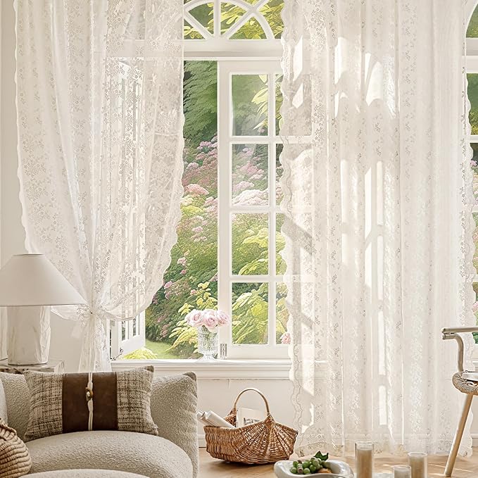 Anmao Vintage Lace Curtains 63 Inches Long 2 Panels Set, Romantic Elegant Light Filtering Semi Sheer Floral Thick Lacy Curtain Drapes for Living Room and Bedroom, Each Panel 55W x 63L, Beige Plum