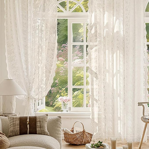 Anmao Vintage Lace Curtains 72 Inches Long 2 Panels Set, Romantic Elegant Light Filtering Semi Sheer Floral Thick Lacy Curtain Drapes for Living Room and Bedroom, Each Panel 55W x 72L, Beige Plum
