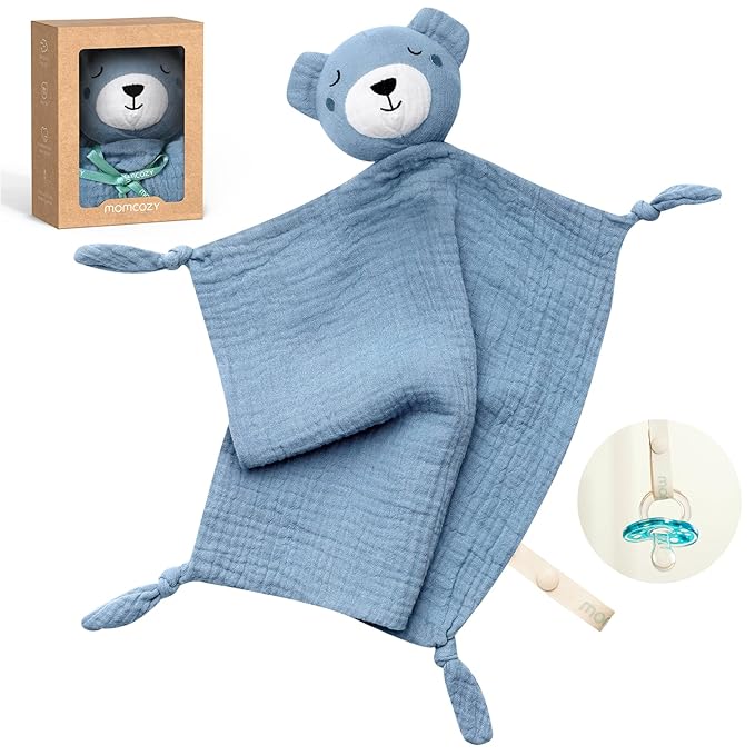 Momcozy Bear Loveys for Babies with Cotton - Soft Security Blanket for Boy or Girl for Self-Soothing On-The-Go-Portable & Anti-Drop Design - Newborn Gift，Must Have（Blue 14 inch）