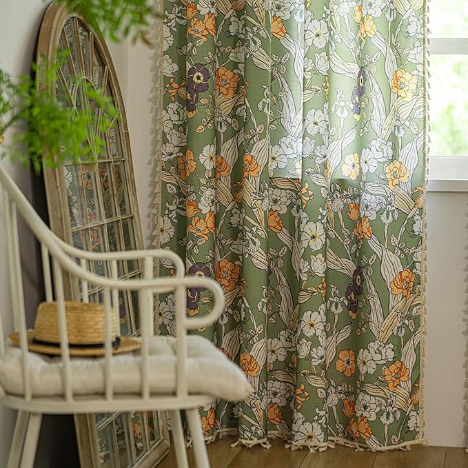 ENJOYBRIDAL Floral 96 Inch Curtains for Living Room Semi Sheer Drapes Bedroom Cute 2 Panels Long Window Curtain Panels Boho Rod Pocket Country Farmhouse Dining Room Window Treatments