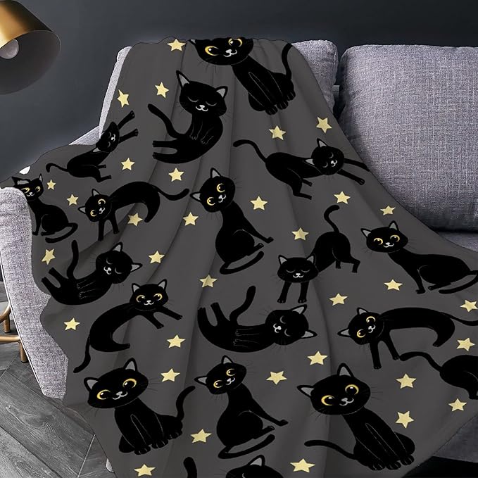 Thuswarm Cats and Stars in The Dark Flannel Throw Blanket Warm Cozy Soft Funny Print Blankets for Bed Couch Sofa Room Decoration Gifts 80”×60” Large for Adult