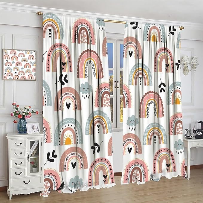 Kids Rainbow Curtains Boho Cartoon Colorful Stars Love Heart Lovely Abstract Art Pattern Print Window Drapes for Girl Bedroom Living Room Kitchen Decor,2 Panel Set,42Wx45H Inch Decor