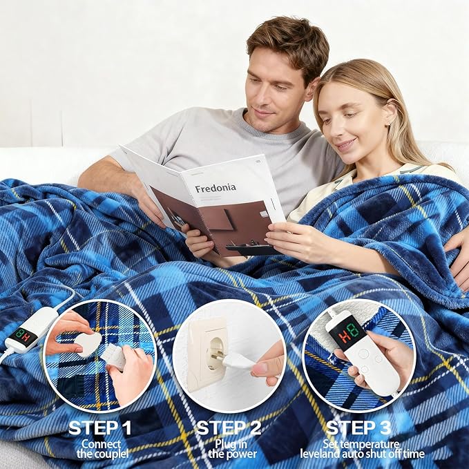Electric Blanket Heated King, Soft Flannel 100"x90" Plaid Heating Blanket with 8 Hours Auto Off 10 Fast Heating Levels Machine Washable Sherpa Heated Blanket with Overheating Protection