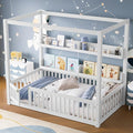 Polibi Twin Size Montessori Floor Bed with Guardrails, Low Profile Solid Wood Canopy Frame with Built-in Shelves, No Box Spring Needed, for Kids, White