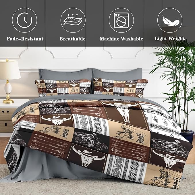 7 Pcs Queen Size Comforter Set with 2 Pillowcases & 2 Shams, Cowboy Vintage Brown Bedding for Kids and Adults, Western Bed in a Bag with Flat Fitted Sheet
