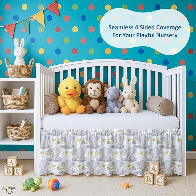 Cottington Lane Crib Skirt Dust Ruffle, 100% Natural Cotton, Soft, Durable Nursery Crib Toddler Bedding Skirt for Baby Girls or Boys, Fits Standard Cribs 28" x 52" with 14" Drop, Rainbow Safari