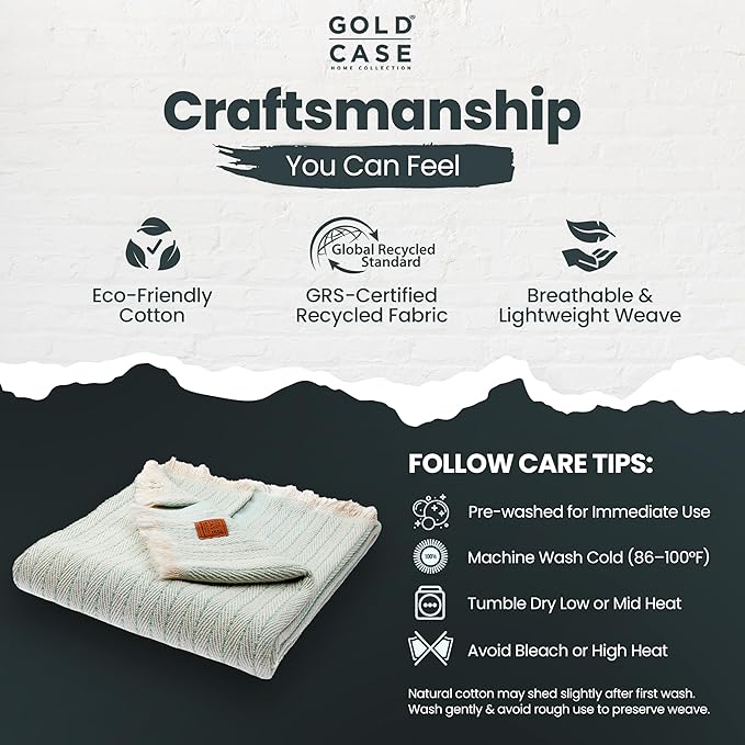 Gold Case Throw Blanket for Couch - 100% Recycled Turkish Cotton Blankets & Throws - Vintage Soft Throw Blankets for Living Room - Boho Decorative Woven Couch Blanket - 60x80 - Aqua