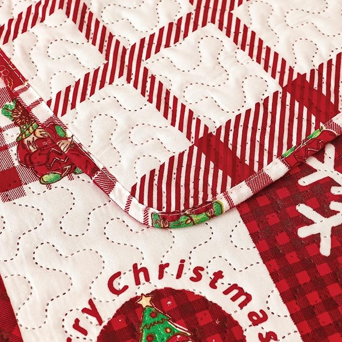Cuddle Sofia Christmas Quilt Set: Twin Size, Red Plaid Gnome Christmas Decor, Lightweight Reversible Bedspread