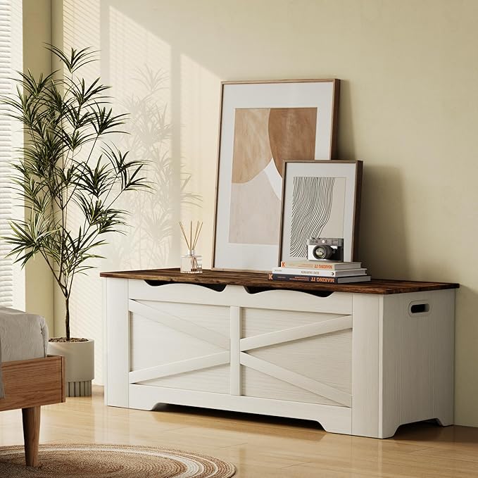 Storage Trunk, 47.2" Large Storage Bench for Bedroom, Lift Top Storage Chest, 300lbs Capacity Engineered Wood Entryway Bench with Storage, 2 Hinges for Living Room Hallway, White & Walnut