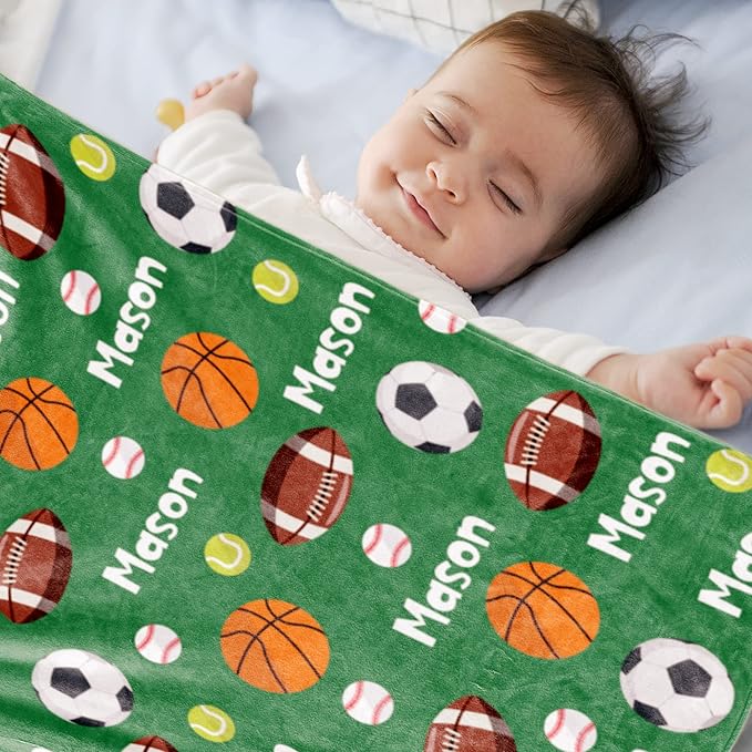 Custom Ball Blanket with Name for Boys, Personalized Name Blanket for Kids Ball, Soft Flannel Customized Gift for Birthday Christmas Baby Shower Children Day 40"x50"