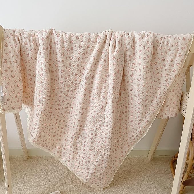 BuLuTu Toddler Quilted Blankets Muslin Cotton Kids Blanket Reversible Pink Floral Toddler Blanket for Stroller Travel Soft Lightweight Baby Quilt, Galsang Pattern, 60"x78"