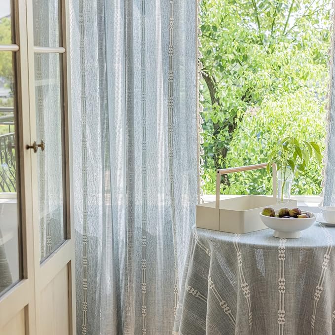 ENJOYBRIDAL Boho Curtains 63 Inch Length 2 Panels Semi Sheer Blue Grey Drapes Embroidered Tassel Rod Pocket Short Hollow Out Window Curtain Panels Farmhouse Window Treatment for Bedroom Living Room