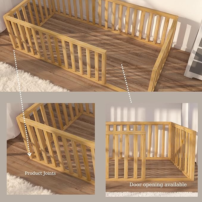 Montessori Floor Bed for Kids 60'' x 80'' Queen | Toodlers Floor Bed with Safety Guardrails | Pine Wood Baby Bed | Sturdy Wood Frame Bed for Girls and Boys (Queen, Height : 23.6 Inches)