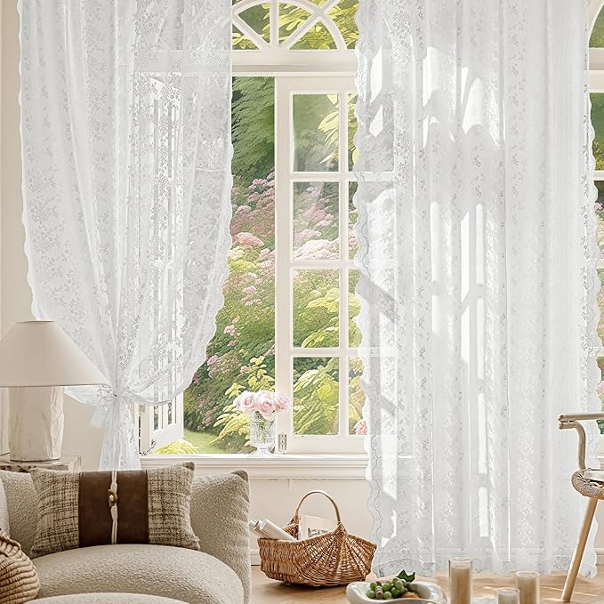 Anmao Vintage Lace Curtains 72 Inches Long 2 Panels Set, Romantic Elegant Light Filtering Semi Sheer Floral Thick Lacy Curtain Drapes for Living Room and Bedroom, Each Panel 55W x 72L, Bright White