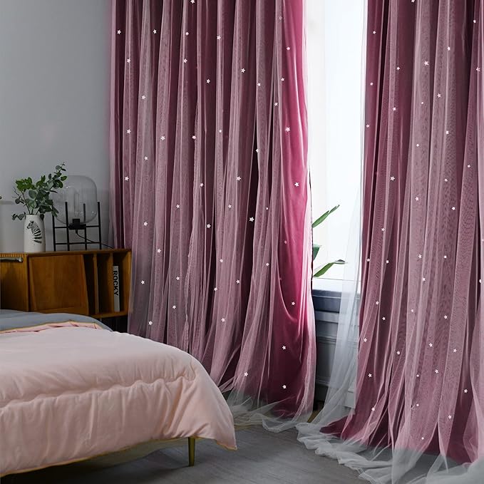 Kinryb Kids Blackout Curtains for Bedroom/Living Room/Classroom, Sheer Overlay 2 Free Tiebacks, Double Layer Curtains with Star Cutout for Kids Room(Each Piece W 70 x L 84 Inches 2 Pcs Red)