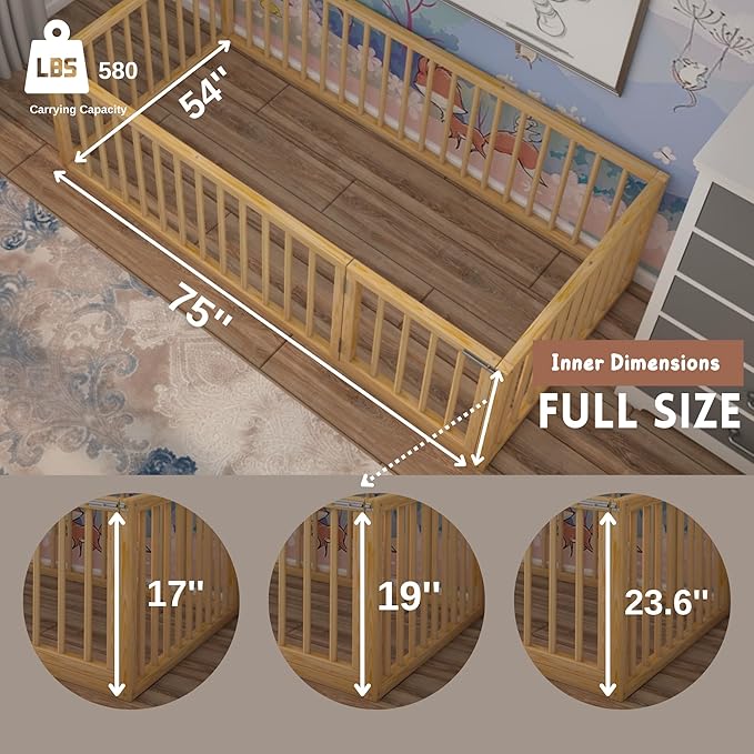 Montessori Floor Bed with Door On The Right Side for Toddler | Pine Wood Natural Solid Frame Beds | Sturdy Modern Design Floor Bed Frame for Boy and Girls (Full, Height: 23.6 Inches)