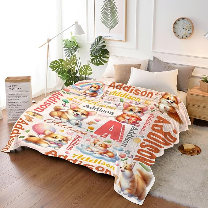 Personalized Custom Corgi Dog Blanket Gifts for Kids Boys Girls with Name - Customized Corgi Dog Super Soft Lightweight Flannel Sheets Decor for Crib Nap Couch - 60"x80" for Adult