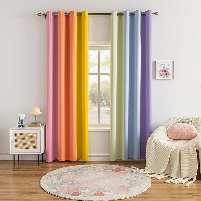 Rainbow Curtains Made with a Patchwork of Pink, Orange, Yellow, Green, Blue, and Purple for Kids Bedroom Blackout Colored Curtains for Bedroom Classroom (2 Panels, W52 X L90)