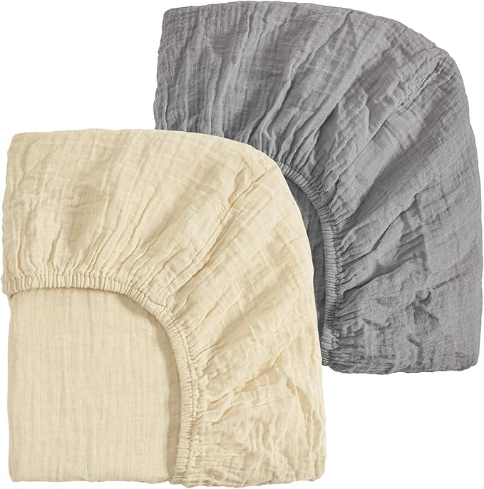 david's kids Muslin Mini Crib Sheets, 2 Pack Cotton Pack N Play Sheets for Boys Girls Neutral, Soft Breathable Baby Sheets Fit Pack N Play, Playard and Mini Crib Mattresses, Beige & Grey