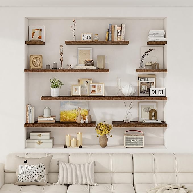 Fun Memories 12 Deep Floating Shelves for Wall | 30W x 12D Large Floating Shelves | 3 Pack Storage Space Wall Mount Shelf for Living Room Bathroom Toilet Laundry Room Kitchen Home Office - Brown