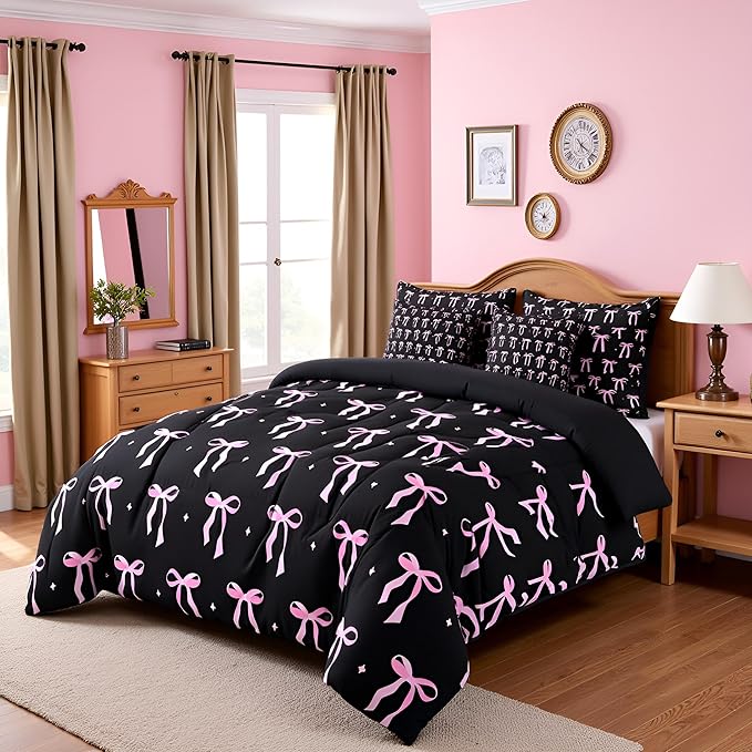 7 Pieces Pink Bowknot Kids Comforter Queen,Stars Watercolor Bow Tie Patchwork Bedding Set,Butterfly Knot Princess Black Noble Chic（Comforter+Fitted+Flat Sheet+2 Pillowcases+2 Throw Pillow Covers）